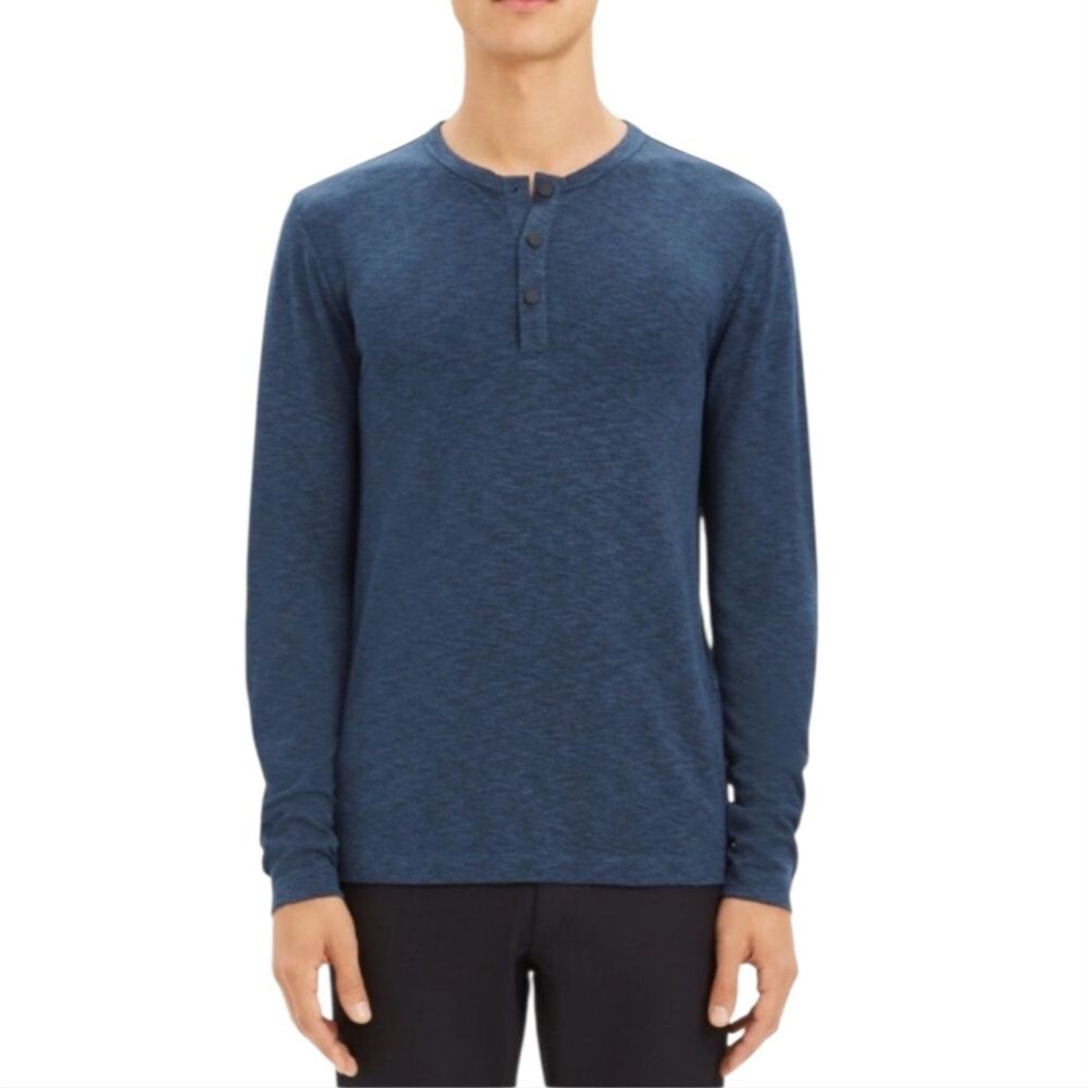 🔴Theory Mens Navy Blue Snap Henley Activate Jersey Long Sleeve Top